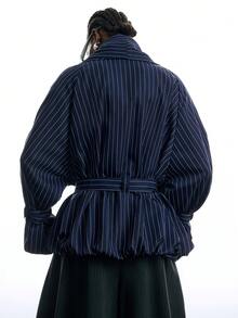 SHEIN x Rafa Kalimann LYSMO 女款條紋落肩長袖腰部綁帶休閒風衣外套 - 藏蓝色 - 查看 2
