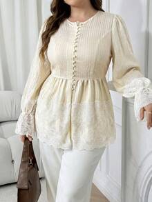 Solavon Plus Size Sweet French Style Button Lace Patchwork Flared Cuff Blouse - Beige - View 6