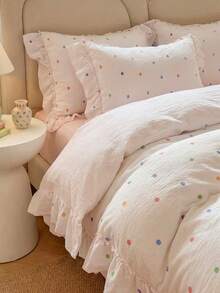 SHEIN 3-Piece Set Of Wrinkled Yarn Korean Lace Bedding Quilt Cover Set, Including 1 Quilt Cover And 2 Pillowcases (Excluding Core), Cute Color Polka Dot Printing Quilt Cover, The Fabric Is Comfortable And Soft, Suitable For All Seasons - Multicolor - View 3