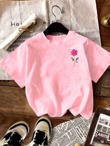 SHEIN LUNE Vintage Cute Romantic Style Women's T-Shirt - Charming Daisy Floral Print, Double-Sided Printing, Casual Summer Outfits, Brunch Pink Floral - Baby Pink - View 3