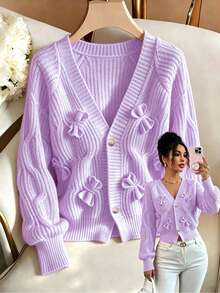Elenzga Women's Soft Pink Bow Cardigan - Mauve Purple - View 1