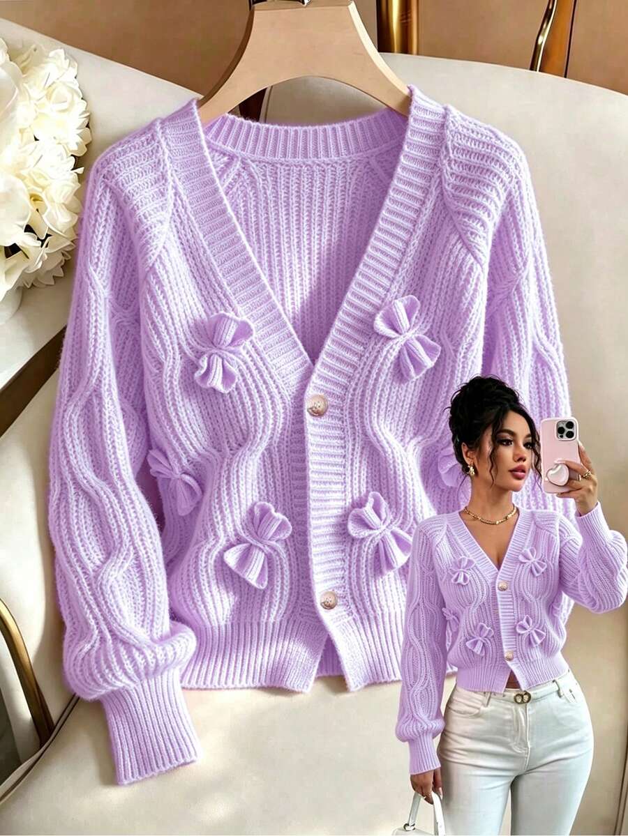 Elenzga Women's Soft Pink Bow Cardigan - Mauve Purple - View 1