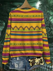 EMERY ROSE Halloween Exotic Day Of The Dead Oiran Skeleton Graphic Print Round Neck Long Sleeve Plus Size T-Shirt Fall - Multicolor - View 2
