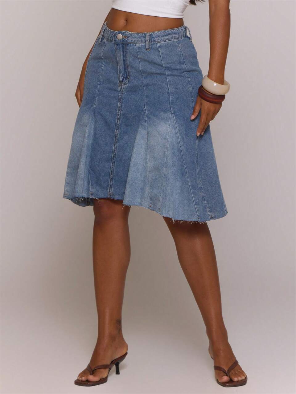 Washed Denim Low Rise Asymmetric Hanky Hem Raw Hem Midi Skirt