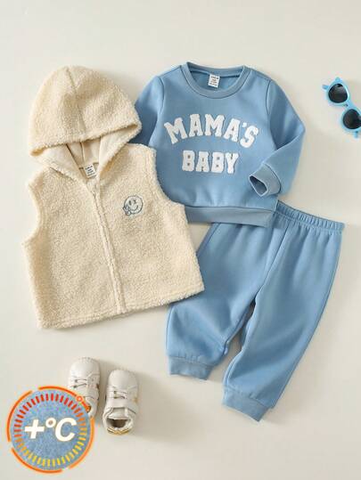 SHEIN Unisex Baby Boy/Girl, 3pcs Autumn/Winter Thermal Lined Thickened Casual Cute Jacket Set, Parent-Child Slogan Sweatshirt Set And Plush Hooded Vest Jacket, Baby Winter Clothes, Baby Outfits