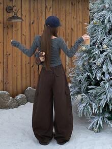 DAZY Tween Girl Solid Color Minimalist Pocket Button Loose Wide Leg Cargo Denim Jeans - Brown - View 7