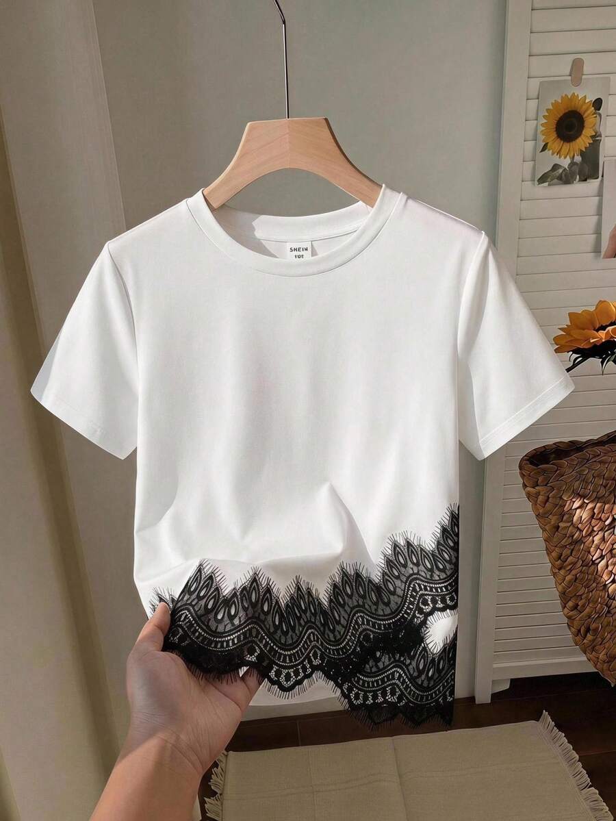 SHEIN Tween Girl Tween Girls T-Shirts Lace Trim Hem Crew Neck Short Sleeve T-Shirt - White - View 1