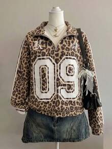 Attitoon Women's Casual Retro Stand Collar Half-Zip Sweatshirt, Leopard Print - Multicolor - View 5