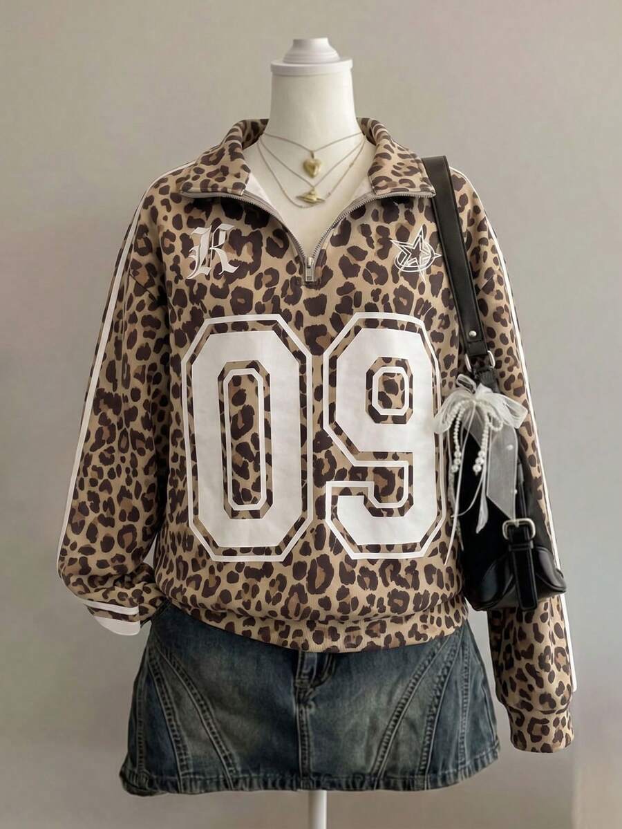 Attitoon Women's Casual Retro Stand Collar Half-Zip Sweatshirt, Leopard Print - Multicolor - View 1