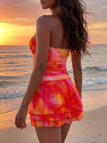 SHEIN Summer New Women's Fashion Sexy Tropical Printed 2 Pieces Set - Cowl Neck Design - Ruched Waist Design - Ruffle Design - Vacation - Beach Pink Floral - Red - View 3