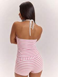 SHEIN BAE Women's Summer Pink And White Striped Casual Coastal Chic Cute Tropical Spaghetti Strap Tank Top, Suitable For Daily Wear, Beach Vacation - Baby Pink - View 2