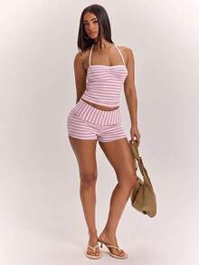 SHEIN BAE Women's Summer Pink And White Striped Casual Coastal Chic Cute Tropical Spaghetti Strap Tank Top, Suitable For Daily Wear, Beach Vacation - Baby Pink - View 6