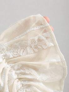 Sweetra Women's Button Lace Trim Bow Top - Apricot - View 4