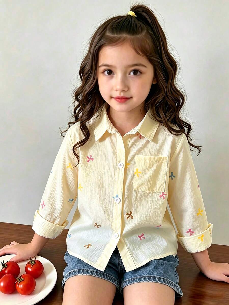 SHEIN Playful Pals YOUNG GIRLS 返校季黃色彩色蝴蝶結印花長袖領口襯衫 學院風鈕扣上衣 紋理童裝 秋季單件 - 黃色 - 查看 1