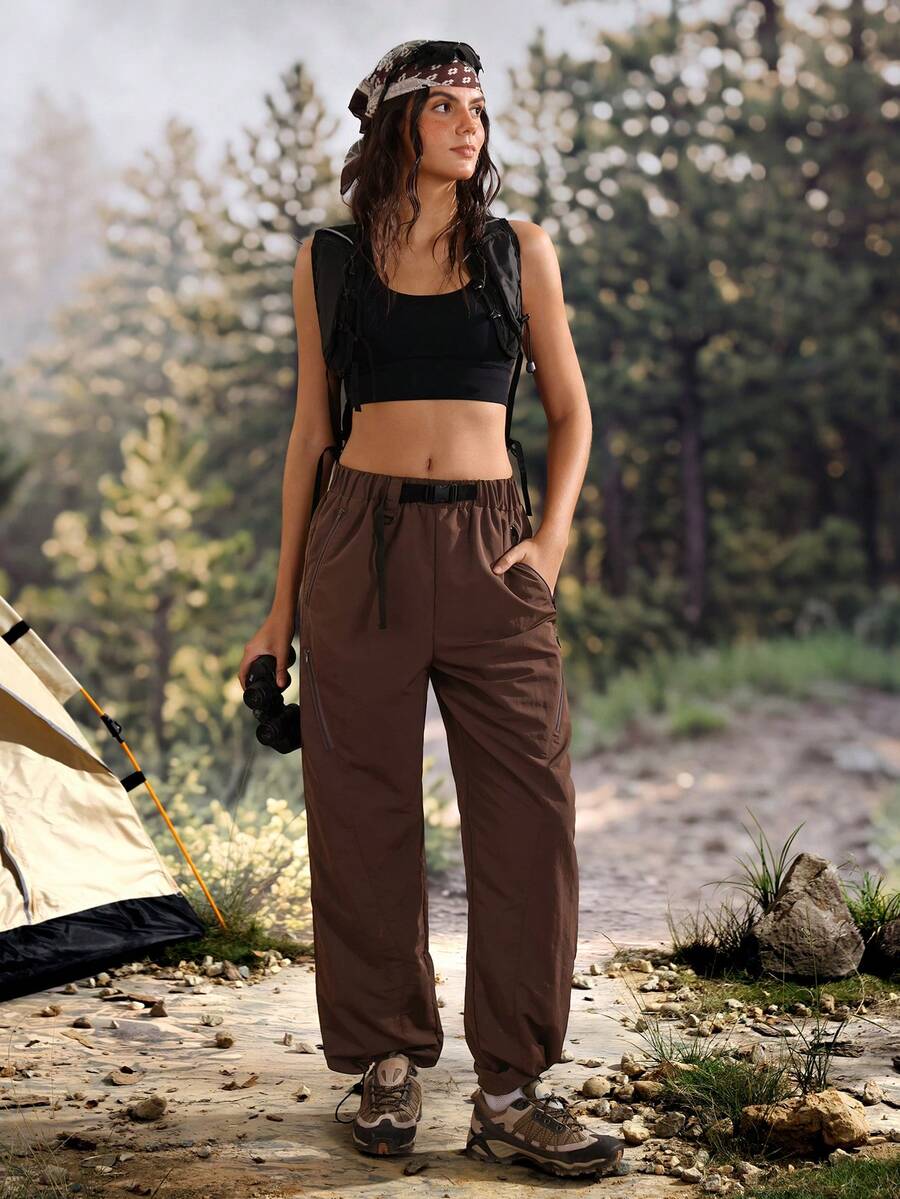 Exploreva Exploreva Women's Casual Versatile Zipper Pocket Hiking Pants, Sporty Fashion - Brown - View 1