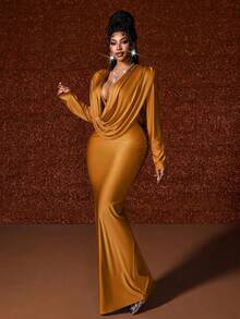 Maweii Plus Size Deep V-Neck Ruched Party Dress Fall - Mustard Yellow - View 7