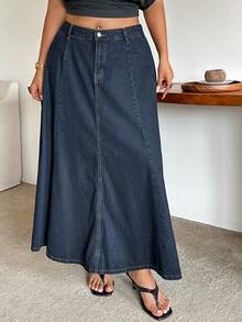 Dazy Plus Einfarbiger A-Linien gewaschener dunkelblauer vielseitiger langer Denim Rock in großen Größen für Damen, Frühling/Sommer/Frühherbst - Dunkle Waschung - Übersicht 6