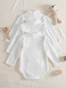 SHEIN Vintaside Kids 3件組乳白色嬰兒高領連身衣，四季爬行衣，新生兒長袖修身親膚柔軟 - 白色 - 查看 2