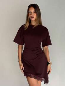 Aloruh Women's Elegant Round Neck Asymmetrical Hem Lace Patchwork Cinched Waist Short Sleeve Mini Dress Date Night Holiday Evening Night Out Burgundy Summer - Burgundy - View 3
