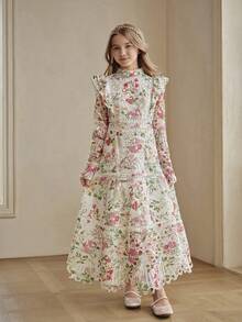 Anewsta Summer Girls' Water Print A-Line Ruffle Hem Light Formal Dress For Middle And Older Children - Pink - View 5