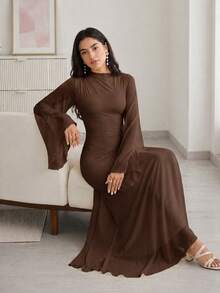 Solavon Asymmetric Hem Ruched Oblique Collar Elegant Mustard Yellow Flare Sleeve Dress Brown - Brown - View 3