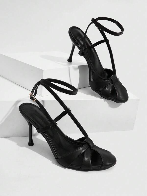 CUCCOO SZL Sandal nữ gót mảnh cao cấp màu đen, mũi tròn retro, thiết kế rỗng, quai hậu, phong cách nhẹ nhàng thanh lịch