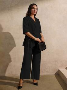 Juhart Blazer delgado con lazo en color albaricoque, elegante y minimalista para mujer de talla grande - Negro - Ver 3