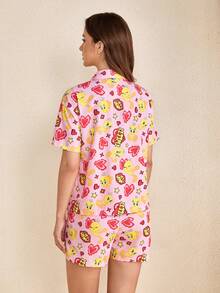 LOONEY TUNES X SHEIN Women's Cartoon Pattern Short Sleeve Single-Breasted Top And Shorts Pajama Set - Baby Pink - View 2