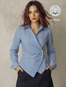 SHEIN Franclia 蓝白竖条纹交叉腰V领修身休闲衬衫，长袖 - 藍色 - 查看 1