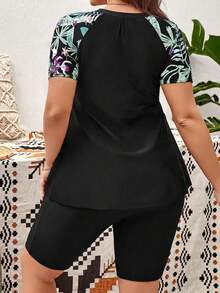 Swim Lushoire Plus Size Tropical Print Patchwork Rashguard Set, Suitable For Summer Beach Vacation - Multicolor - View 2