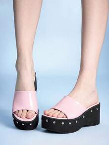 Sugerpunk Women Heeled Sandals With Open-Toed Thick-Soled Locomotive Rivets Slippers - Pink - View 2