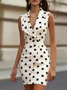 SHEIN LUNE French Style, Polka Dot Print, Fitted And Elegant Women's Short Dress. Summer New Style, Fashionable And Slimming Sleeveless Dress. - Apricot - View 1