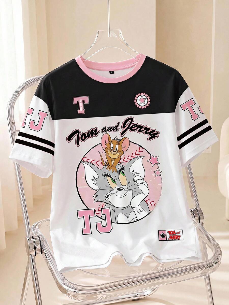 TOM & JERRY X SHEIN 女式休闲拼色卡通印花短袖T恤,夏季 - 白色 - 查看 1