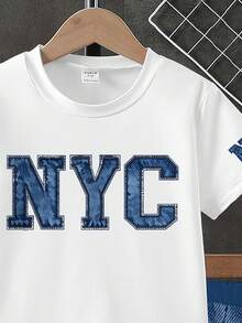 1套夏季新款男童套裝，白色T恤配NYC字母印花，袖口與身軀飾有對應Logo細節，搭配側邊字母印花短褲，時尚休閒百搭，帥氣吸睛，適合拍照、日常出遊、上學、假期禮物與戶外攝影 - 彩色 - 查看 6