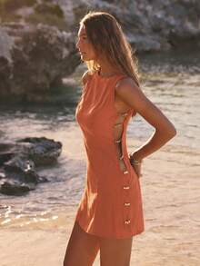 Aralina Women's Metal Beaded Hollow Out Sexy Vacation Dress - Orange - View 7