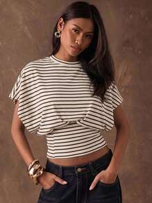 SHEIN BAE 女款 95%棉 棕色-白色條紋休閒T恤，蝙蝠袖，適合度假、通勤、海灘 - 彩色 - 查看 4