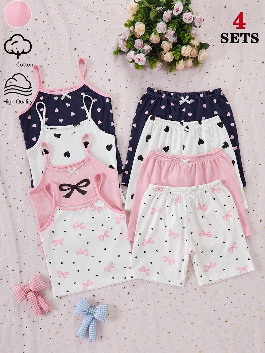 SHEIN 8件組女童幼兒簡約時尚粉色與白色甜美愛心睫毛波點印花細肩帶背心與短褲套裝 - 彩色 - 查看 1