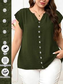 Reflora Plus Size Women's Textured Patchwork Ruffle Trim Lace Loose Short Sleeve Blouse, Spring/Summer - Army Green - View 3