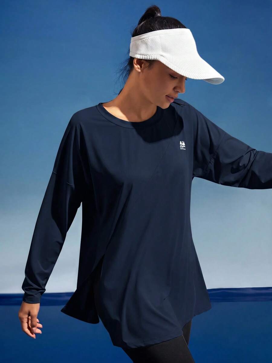 In My Nature Women's Solid Color Split Long Sleeve Outdoor T-Shirt - Navy Blue - View 1