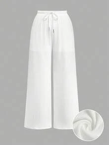 Sweetra Plus Size Women's White Summer Waist Tie Wide Leg Long Pants Fall - White - View 1