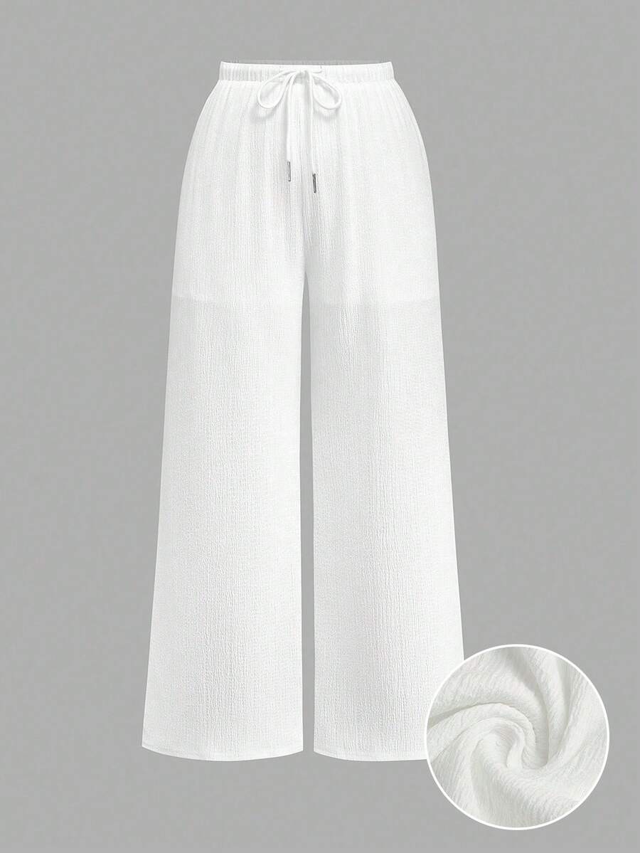 Sweetra Plus Size Women's White Summer Waist Tie Wide Leg Long Pants Fall - White - View 1