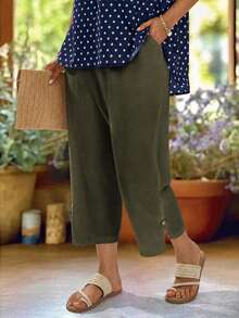 EMERY ROSE Pantalones Capri Minimalistas Casuales de Talla Grande con Botones en el Bajo y Bolsillos - Verde militar - Ver 4