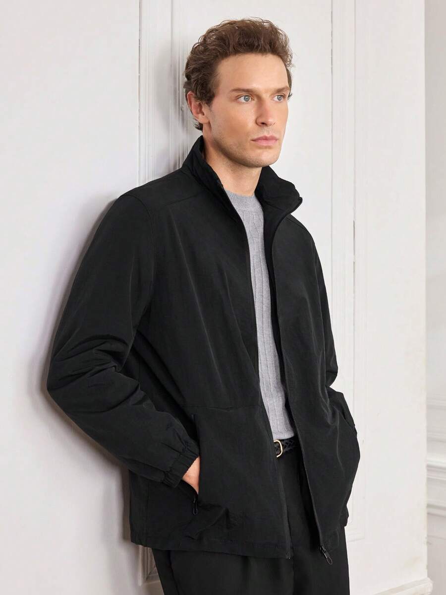 1pc Men's Jacket, Black Stand Collar Mesh Lining Jacket, Lightweight Woven Fabric, Men's Outdoor Functional Minimalist Casual Jacket, Suitable For Daily Commute And Outdoor Activities In Spring, Summer And Autumn - Black - View 1