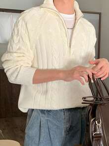 DAZY Solid Color Beige Casual Daily Wear Knitted Sweater For Men, Spring Winter Quarter Zip Men - Beige - View 4