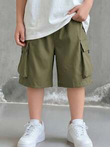 Tween Boys' Casual Everyday Comfortable Patch Pocket Loose Solid Woven Shorts - Army Green - View 4