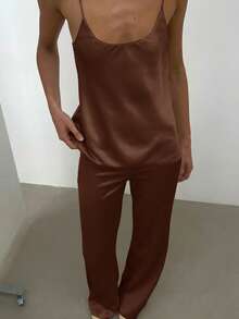 SHEIN BAE Summer Solid Coffee Brown Camisole Top Satin Long Pants Women's Two Pieces Set, Elegant Outfit, Vacation, Wedding Guest Attire Fall - Coffee Brown - View 6