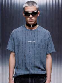 IRON GLYPH Men's Blue Distressed Fabric Embroidered T-Shirt - Blue - View 6