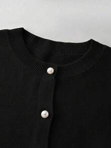 SHEIN Franclia 女士纯色圆领短袖单排扣休闲针织上衣 - 黑色 - 查看 7