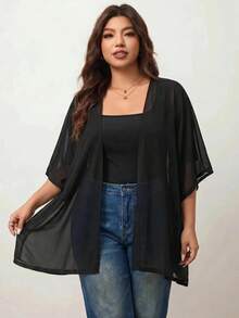 Enliva Chaqueta Kimono Holgada y Transparente de Verano Talla Grande, Capa Cubre-Body para Vacaciones, Para Body con Forma de Manzana y Redondeado - Marrón - Ver 4
