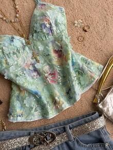 Attitoon Casual Minimalist Daily Versatile All-Match Party Elegant Romantic Vacation Glamorous Vintage, Mint Green Sequin Mesh Floral Watercolor Sequins Textured Fabric, Y2K Top, Birthday, Date, Beach, Vacation, Going Out, Women's Summer - Mint Green - View 6